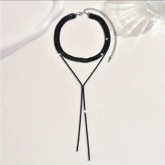 Black Crystal Y Lariat Choker Matching Earrings Rhinestone Necklace New Years - Picture 9 of 10